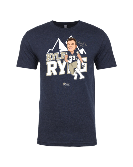 A t-shirt with an image of a man in the middle of a mountain.