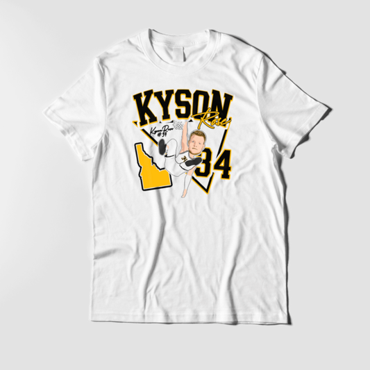 A white t-shirt with the name kyson and an image of a person holding something.