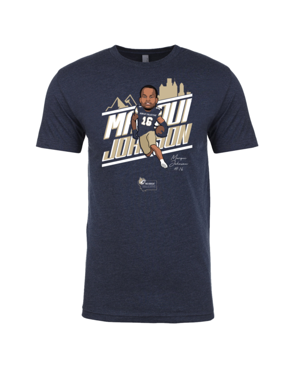 A navy blue t-shirt with a picture of a man in the middle.