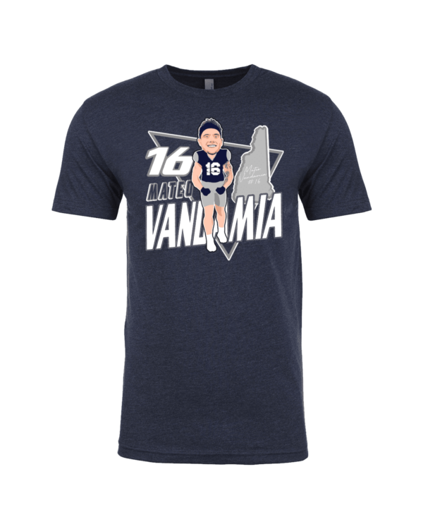 A navy blue t-shirt with a picture of a man in a white and black uniform.