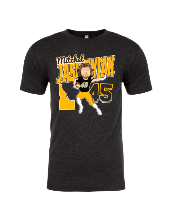 A black t-shirt with a picture of a baseball player.