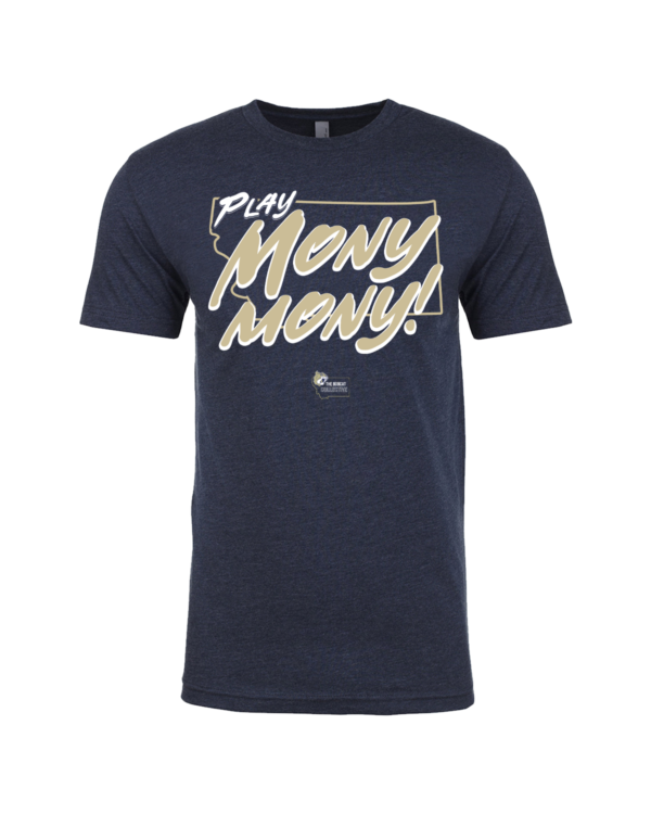 A navy blue t-shirt with the words " pray money mony !" written in white.