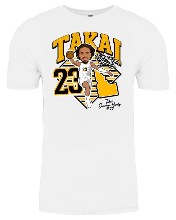 A white t-shirt with an illustration of a baseball player.