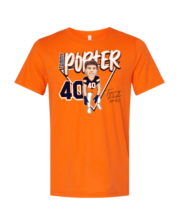 A picture of the front of an orange t-shirt.