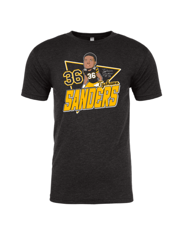 A black t-shirt with a picture of a man and the number 3 6.