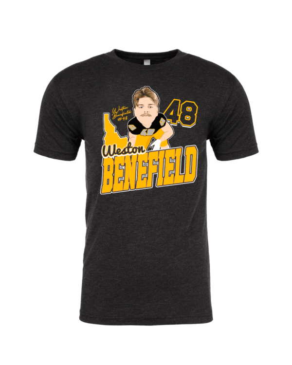 A black t-shirt with a picture of a person and the number 4 8.