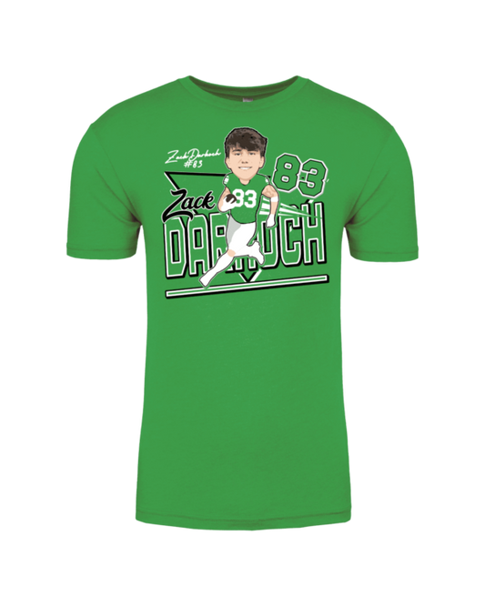 A green shirt with a picture of a baseball player.