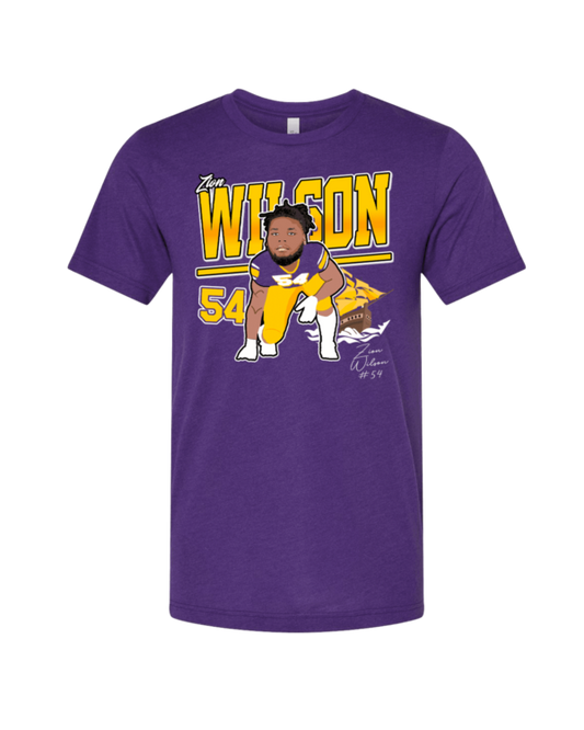 A purple t-shirt with an image of the lakers ' kobe bryant.