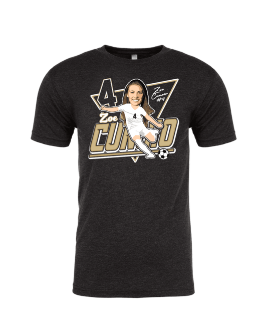A black t-shirt with a picture of a woman in a baseball uniform.
