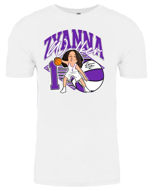 A white t-shirt with an image of a woman holding a tennis racket.