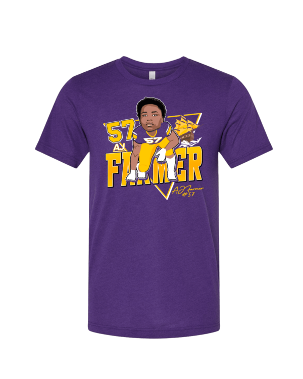 A purple t-shirt with an image of the lakers ' kareem abdul jabbar.