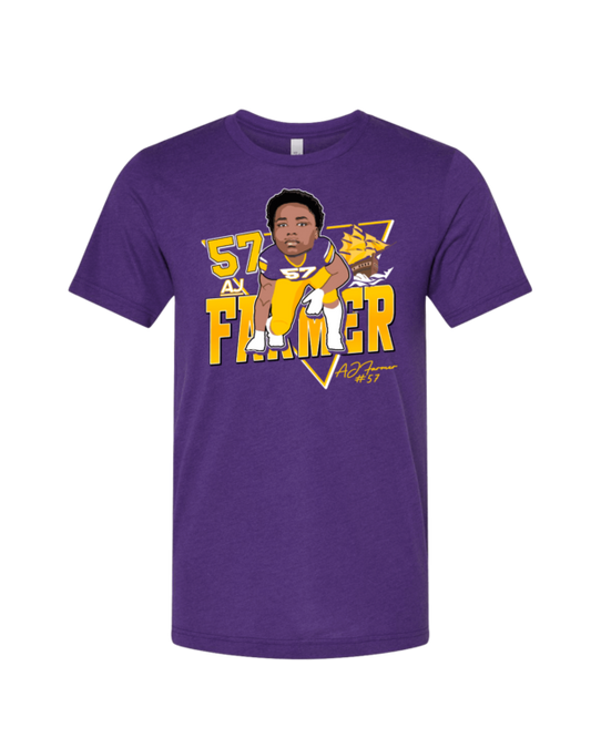 A purple t-shirt with an image of the lakers ' kareem abdul jabbar.