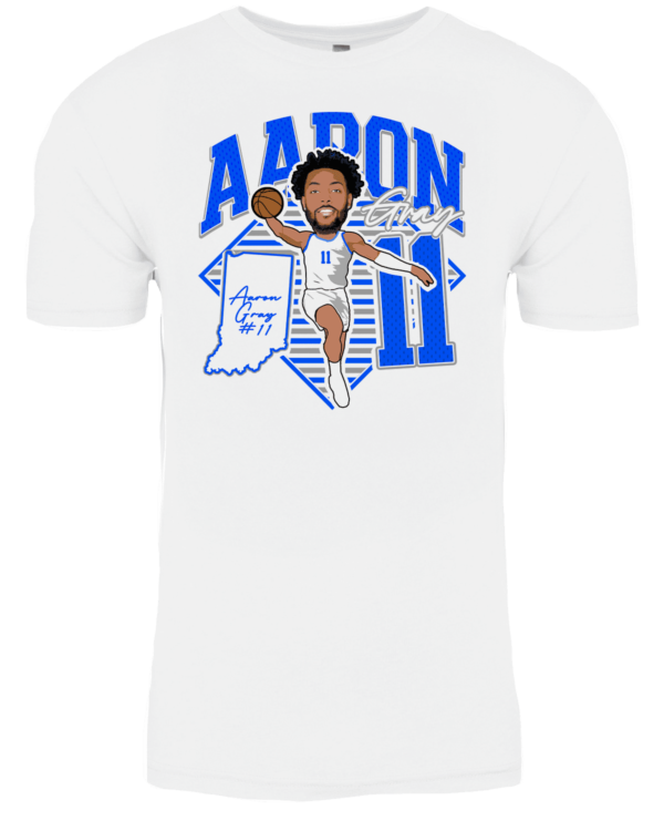 A white t-shirt with an image of aaron judge.