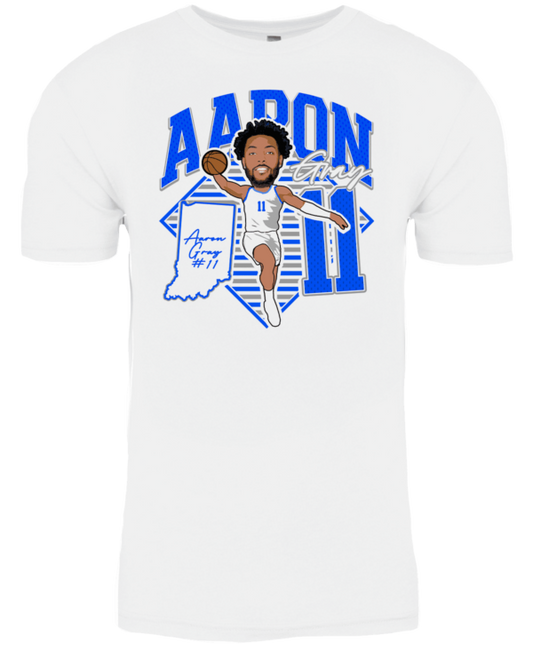 A white t-shirt with an image of aaron judge.