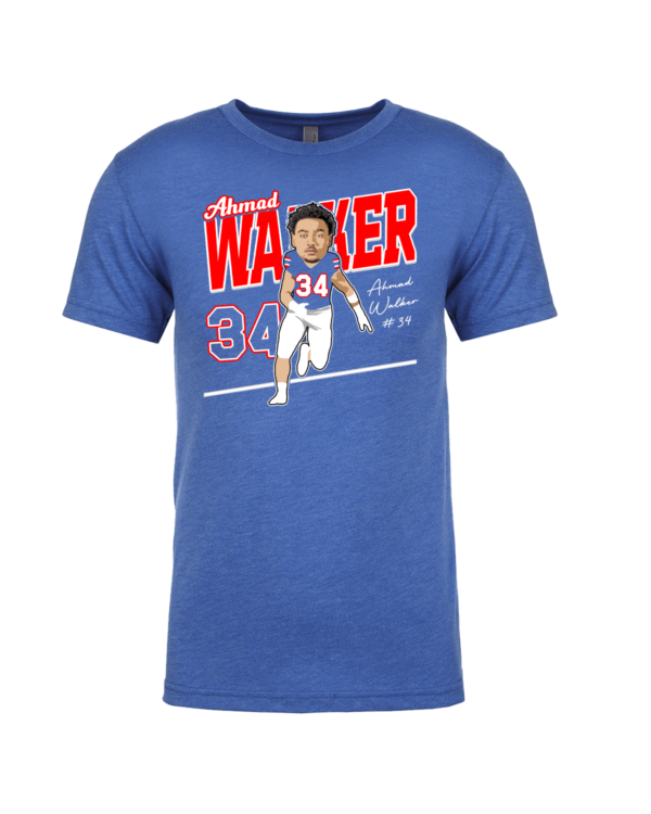 A blue t-shirt with a caricature of baseball player warren wagoner.