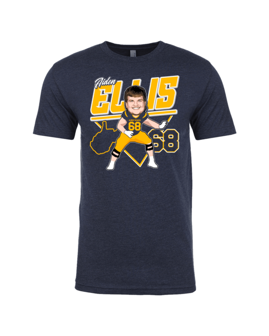A t-shirt with a caricature of a baseball player.