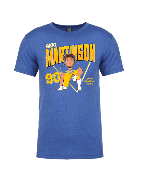A blue t-shirt with an illustration of a baseball player.