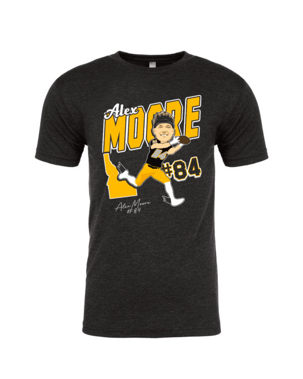 A black t-shirt with an image of alex moore.