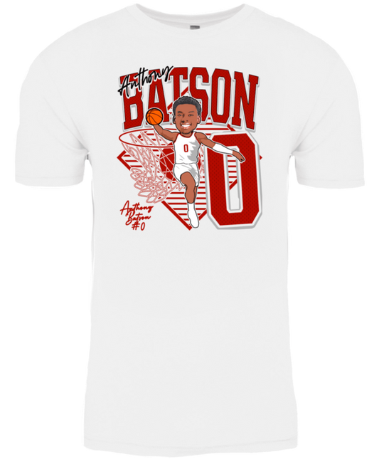 A white t-shirt with an image of a baseball player.