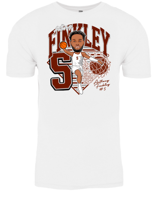 A white t-shirt with an image of finkley
