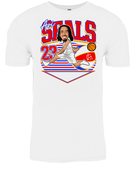 A white t-shirt with an image of a man playing basketball.