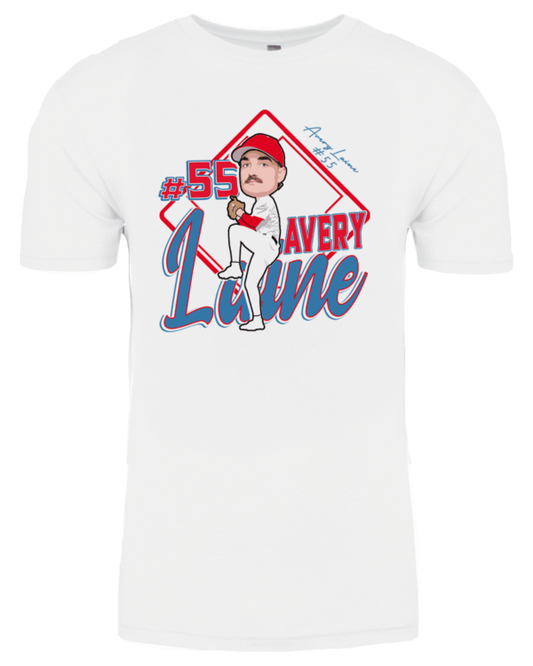 A white t-shirt with an image of a baseball player.