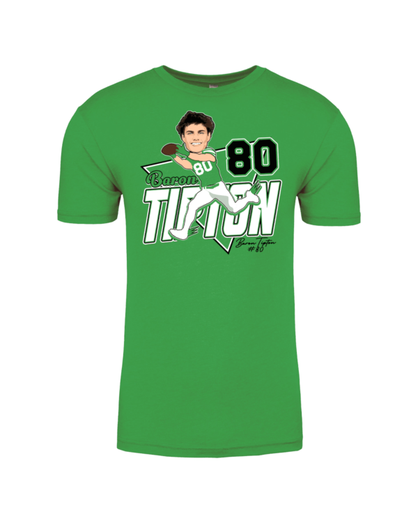 A green shirt with an image of a person holding a baseball bat.