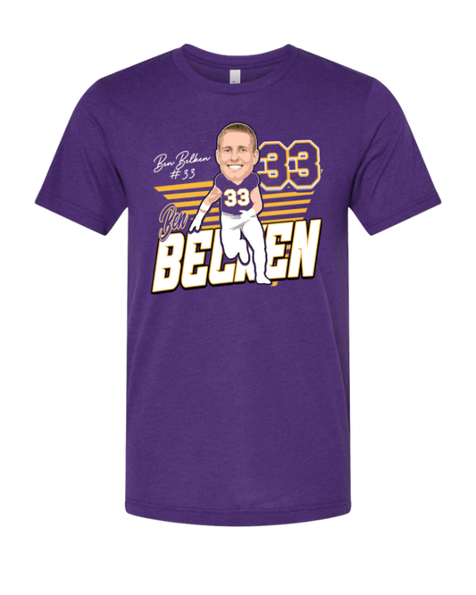 A purple shirt with a picture of a man in the middle.