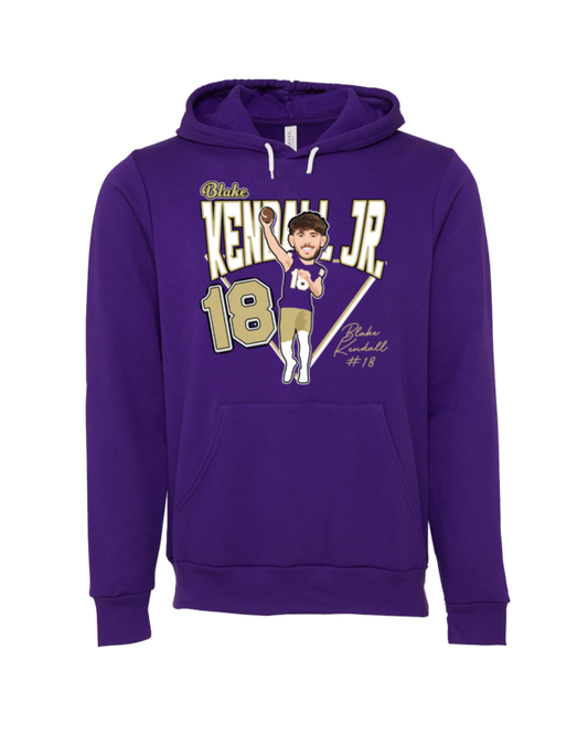 A purple hoodie with a picture of a baseball player.