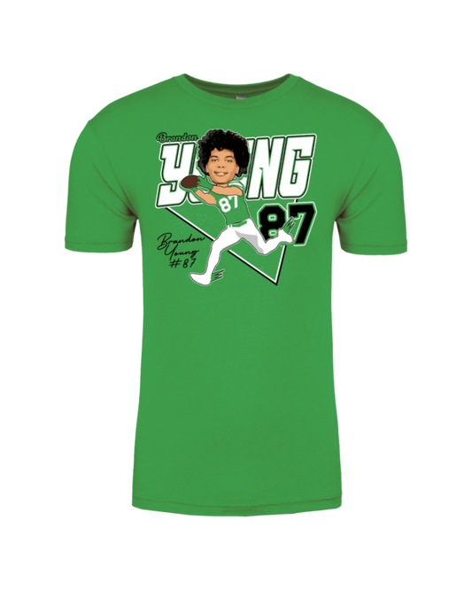 A green t-shirt with a picture of young