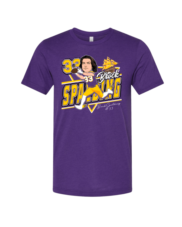 A purple t-shirt with a picture of george spaking.