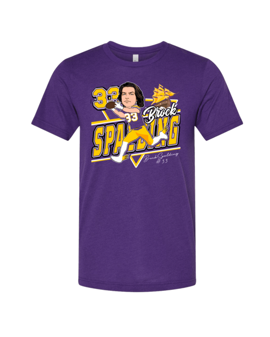 A purple t-shirt with a picture of george spaking.