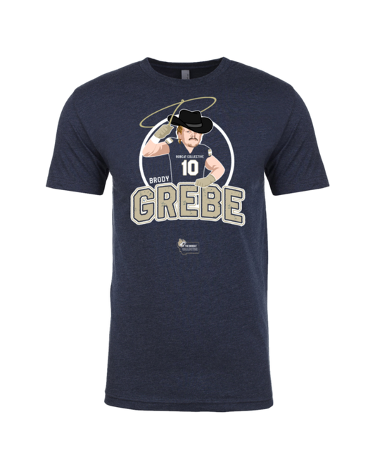 A t-shirt with a picture of a man in a hat.