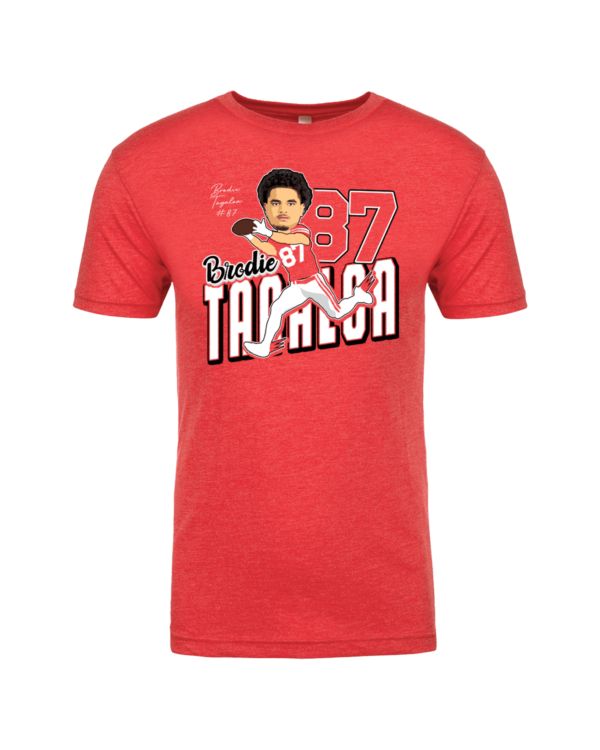 A red t-shirt with a picture of a baseball player.