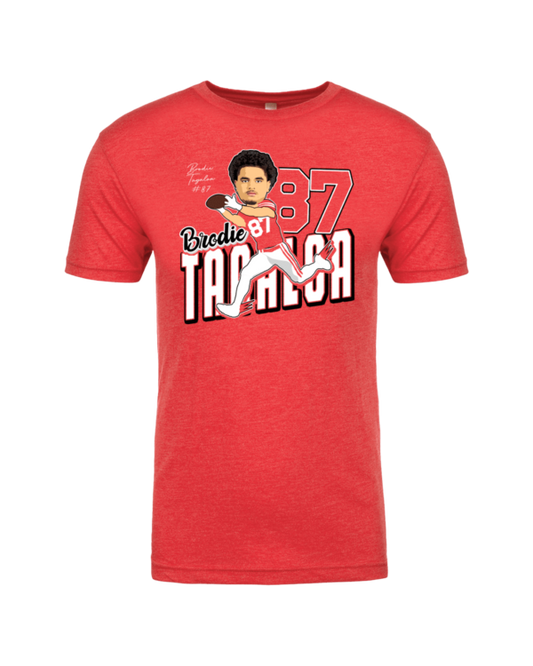 A red t-shirt with a picture of a baseball player.