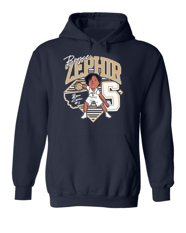 A navy blue hoodie with a caricature of the baseball player zephyr.