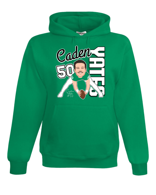 A green hoodie with a picture of a person and the words " cuden yates 5 0 ".