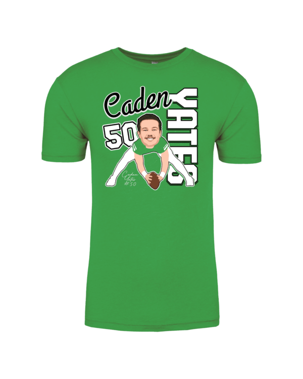 A green t-shirt with a picture of a man in the middle.