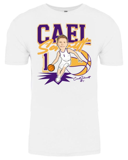 A white t-shirt with a cartoon of cael