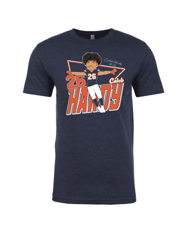 A navy blue t-shirt with an image of the chicago bears ' 2 0 1 6 draft pick, bo hanson.