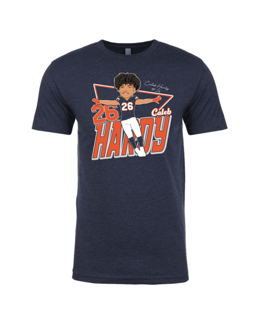 A navy blue t-shirt with an image of the chicago bears ' 2 0 1 6 draft pick, bo hanson.