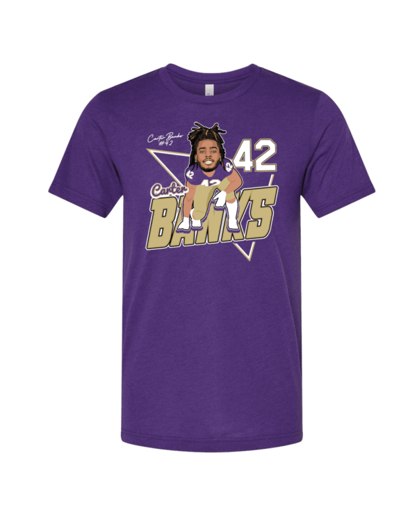A purple shirt with a picture of a baseball player.