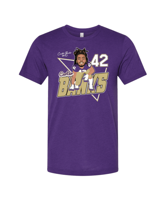 A purple shirt with a picture of a baseball player.
