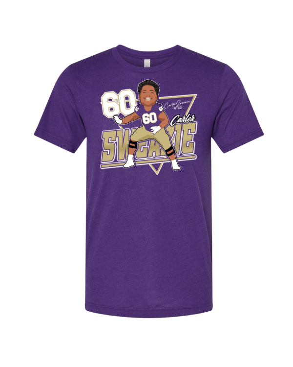 A purple shirt with a cartoon of a football player.