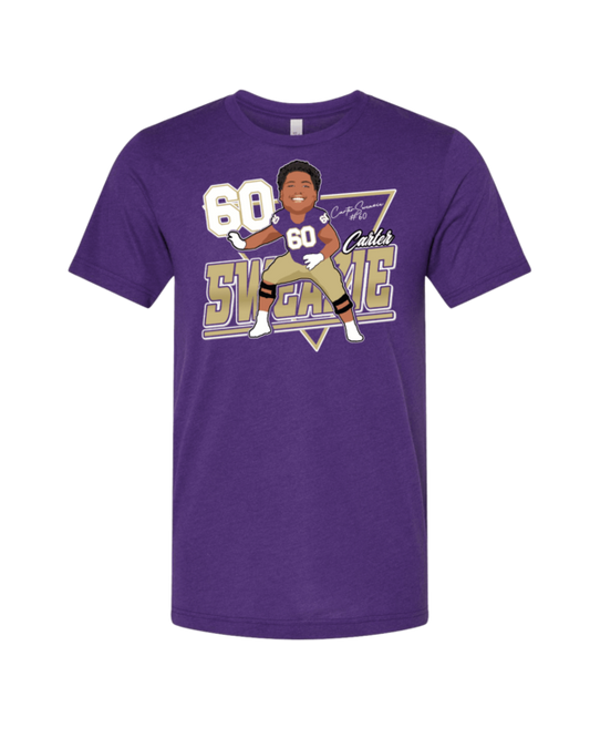A purple shirt with a cartoon of a football player.