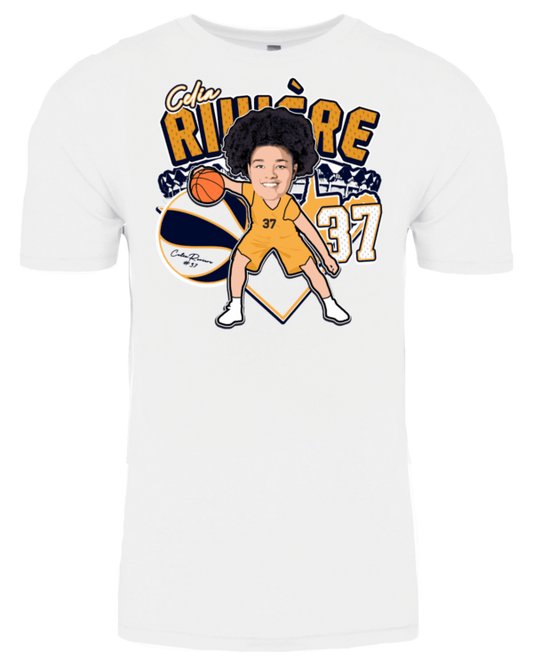 A white t-shirt with an image of a man holding a basketball.
