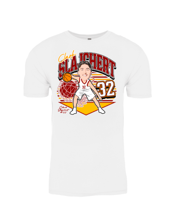 A white t-shirt with an illustration of a basketball player.