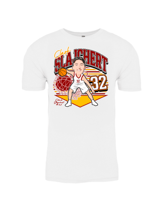 A white t-shirt with an illustration of a basketball player.