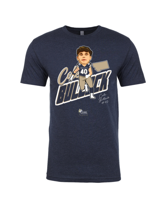 A t-shirt with an image of a man holding a baseball bat.