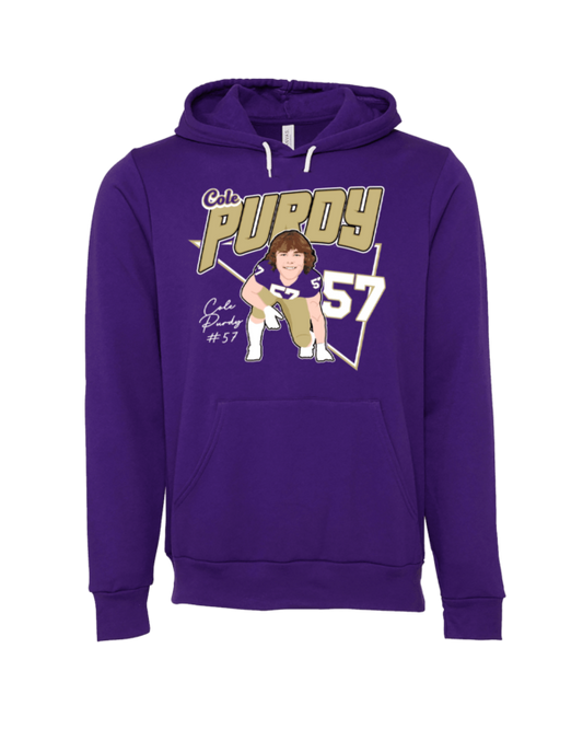 A purple hoodie with a picture of a person holding something.